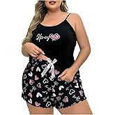 SHENHE Women's Plus Size Pajama Set 2 Piece Sleepwear Cami and Shorts Heart Print Pjs Summer Loungewear
