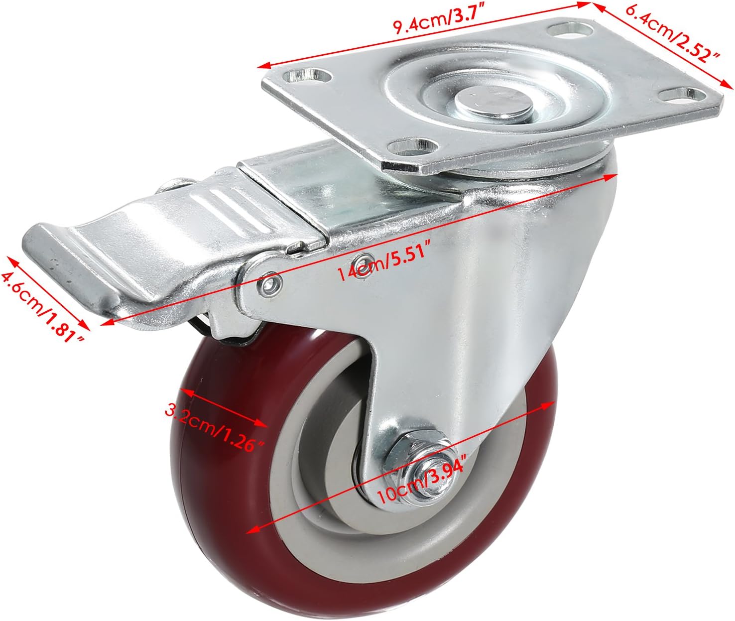 Coocheer 4’’ Swivel Caster Wheels 1200lbs With Top Plate & Bearing Heavy Duty On Red Polyurethane Wheels Set of 4 (2 Swivel Without Brake, 2 Swivel with Brakes): Industrial & Scientific