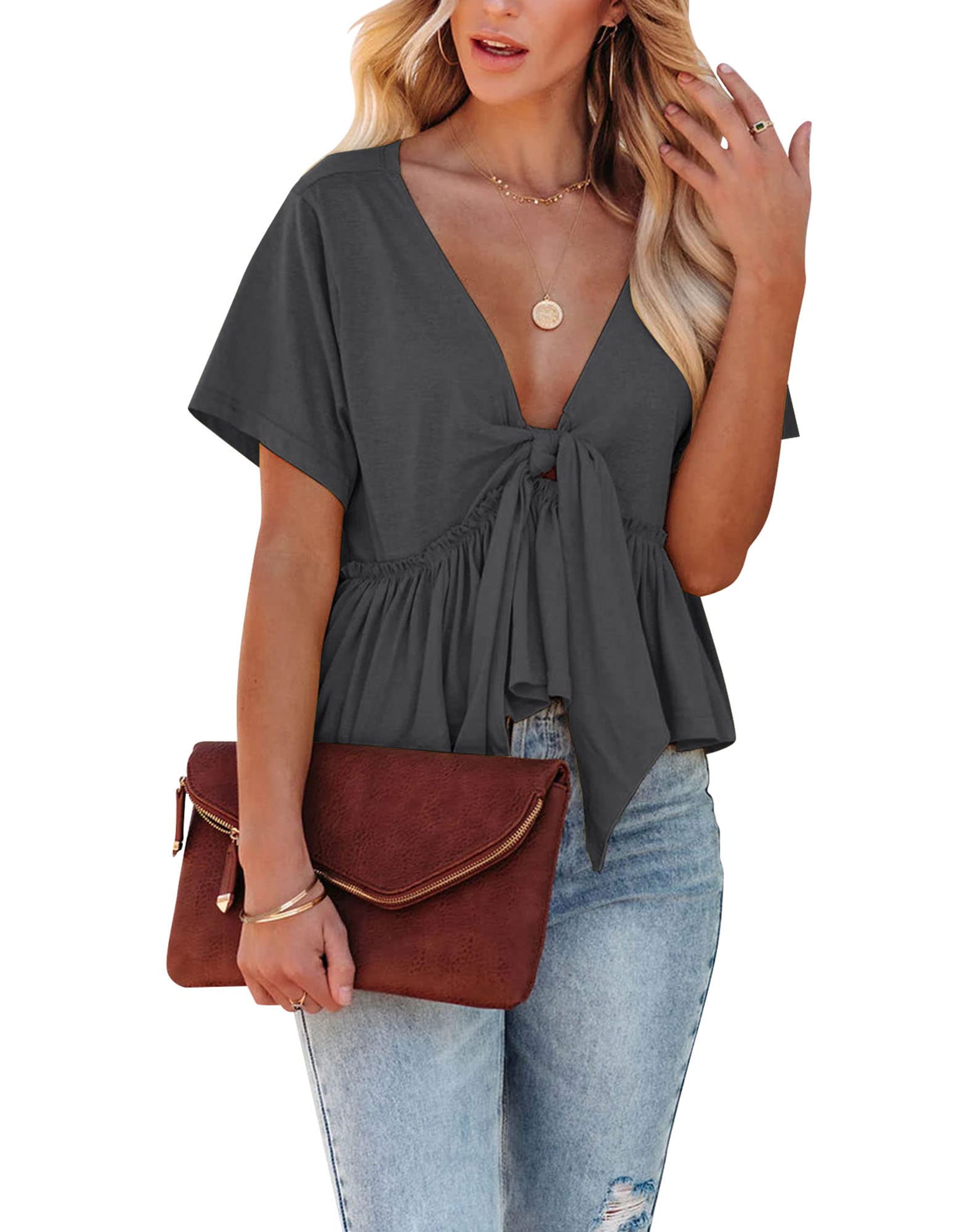 Photo 1 of Fanway&EC Women's Short Sleeve V Neck Blouses Ruffle Hem Tie Front Crop Tops Lightweight Basic Summer Tops (Charcoal,X-Large,X-Large,US,Alpha,Adult,Female,Regular,Regular)