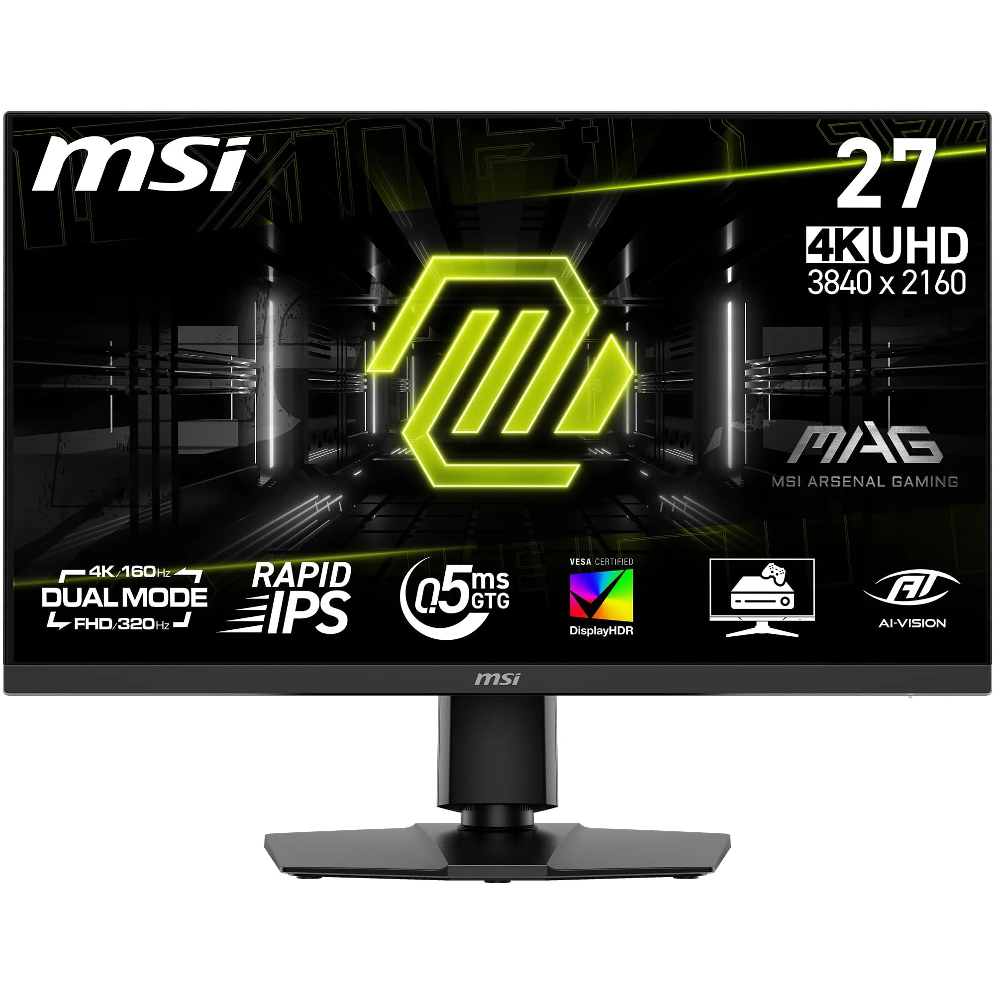 MSI MAG 272URDF E16 Gaming Monitor 27 Zoll UHD - Rapid IPS Panel 3840x2160, 0,5ms, DisplayHDR 400, AI Vision, Dual-Mode, HDMI 2.1, DP 1.4a, Neigung und Höhe verstellbar, Schwarz