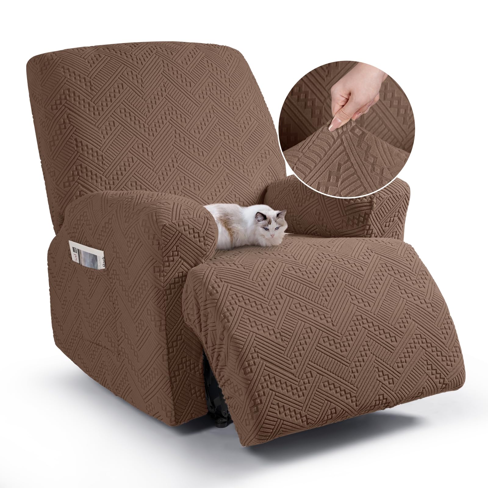 TAOCOCO Armchair Couch Cover 1 Seat Reclining Sofa Covers,Jacquard Armchair Sofa Slipcovers,Stretch Recliner Settee Protector with Pockets,Washable Arm chair Covers for Dogs(Brown)