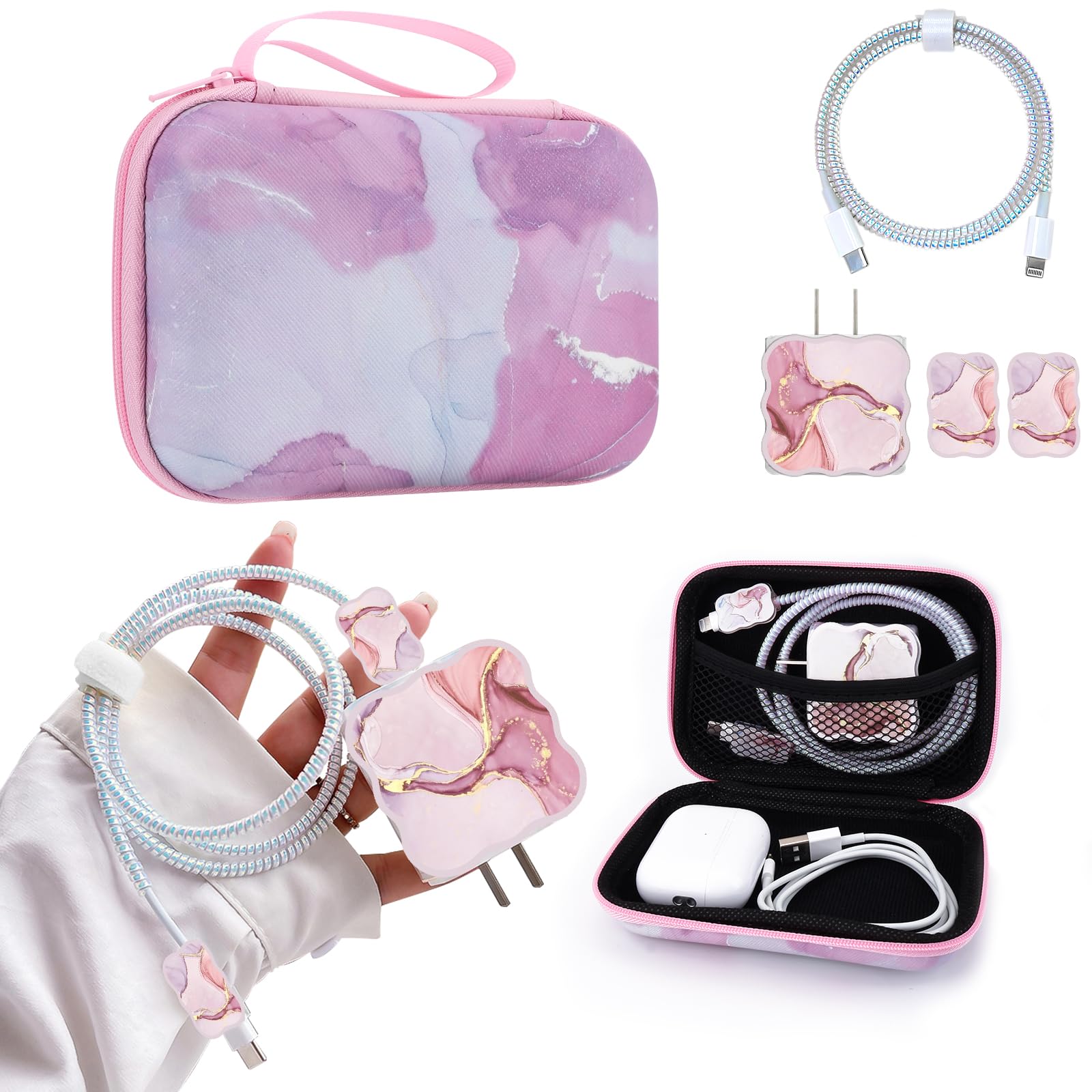 DiyGody DIY Phone Charger Cover Storage Sets USB Earphone Wire Saver Cable Organizer with Travel Storage Bag, Soft Cute Cable Protector Cord Organizer Compatible for iPhone(Pink Marble) — image 1