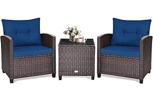 KOTEK 3 Piece Patio Furniture Set, Outdoor Conversation Set with Washable Cushions & Tempered Glass Tabletop, PE Rattan Wicke