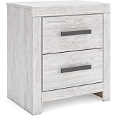 Signature Design by Ashley Nightstand, 2 Drawer White, Cayboni | Textured whitewash finish, Bold black handles, Durable engineered wood and decorative laminate, Farmhouse 2-drawer design