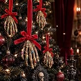 Thenshop 10 Pcs Skeleton Hand Ornaments, Gothic Christmas Halloween Decor | Skull Christmas Ornament, Skeleton Hand Hanging Decoration with Red Bowknot, Multicolor Sparkle Accents, Holiday Festive Gift