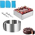 2 pack Cake Ring Mould with Scaling,Leak-Proof,Food-Safe Stainless Steel Mold,Adjustable Baking Frame From 6-12inch,for Baking Cooking Crumpets Eggs Pastry Mousse Desserts,1 pcs Rectangular+1pcs Round