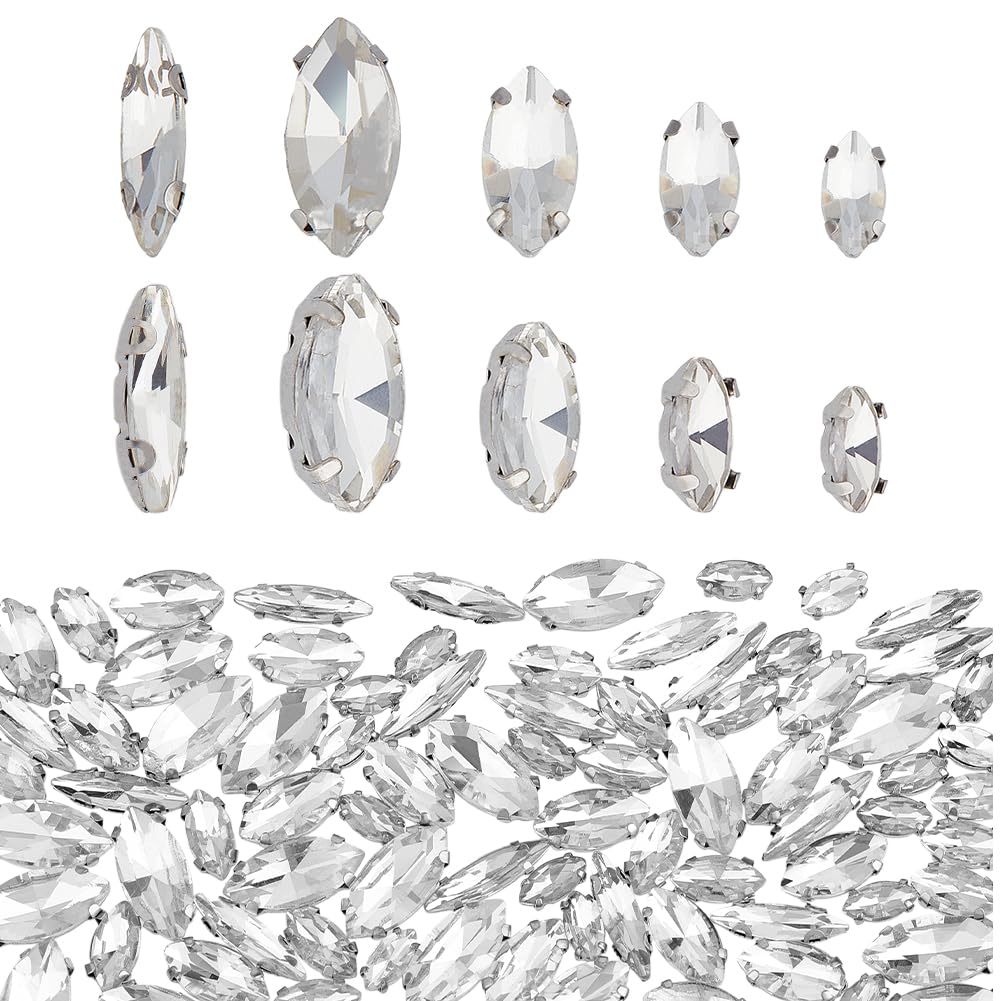 OLYCRAFT 100pcs Sew On Rhinestones Horse Eye Sewing Crystal Glass with Platinum Plated Prongs Cup Mixed Size Flatback Claw Rhinestones for Jewelry, Costume, Dress and Shoes