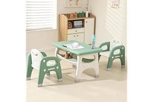 Hulaibit Kids Table and 2 Chairs Set, Toddlers Table and Chairs Set with Large Built-in Storage Shelf, Kids Activity Table for Reading, Drawing, Eating, Playing, with Anti-Slip Foot Covers, Green