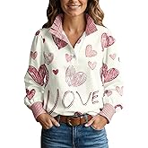 Valentines Long Sleeve Shirts for Women Half Button Stripe Ruffled Stand Collar Pink Love Heart Print Casual Blouses