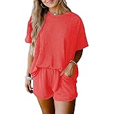 SHEWIN Two 2 Piece Sets for Women Short Sleeve Shirts High Waisted Shorts with Pockets Pajamas Lounge Matching Set