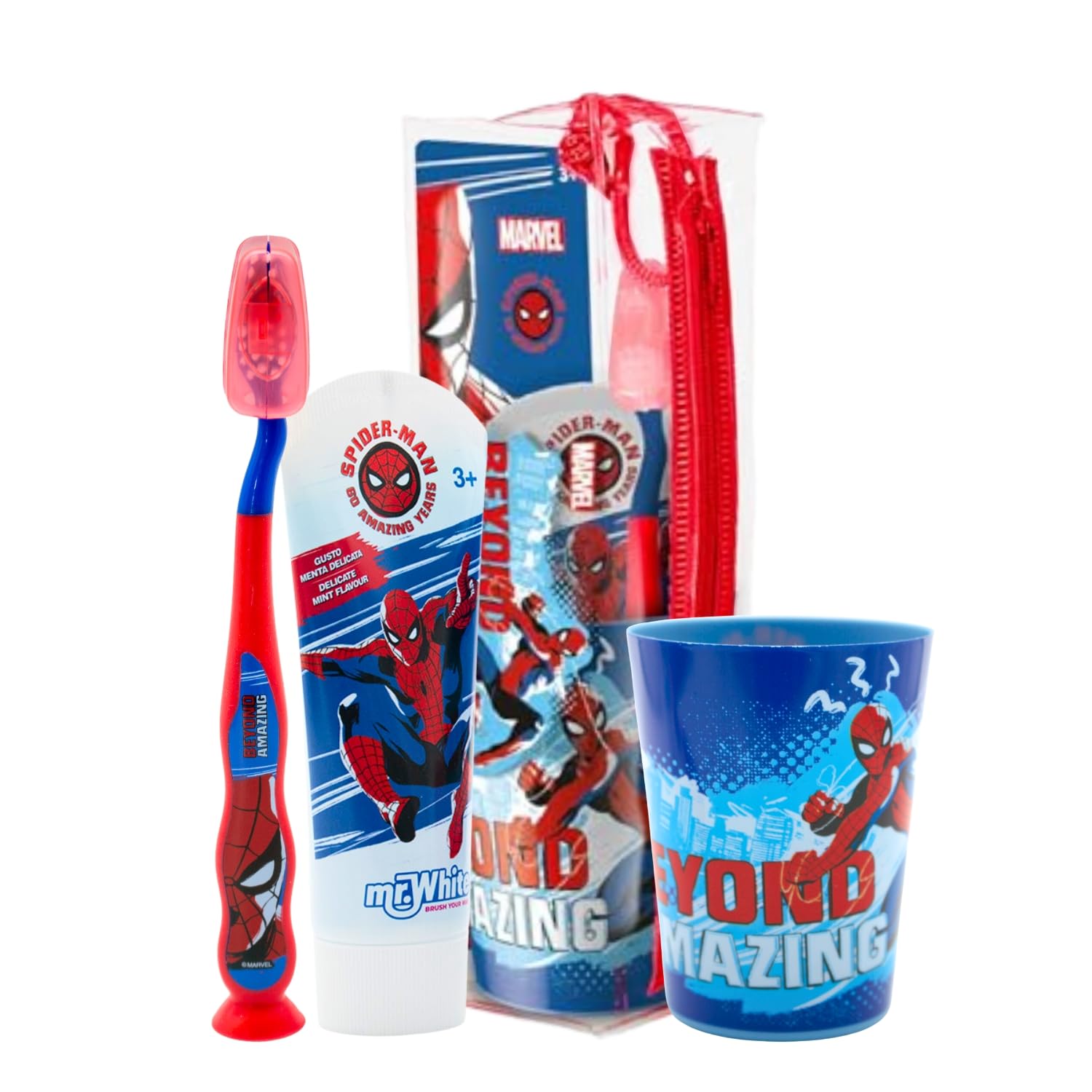 Marvel Spiderman Kids Toothbrush Set - Soft-Bristle Toothbrush with Suction Cup & Protective Cap, Mint-Flavoured Toothpaste, and Multi-Purpose Beaker | Travel-Ready Oral Care Kit for Children Ages 3+