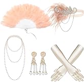 Tatuo 6 Pcs 1920s Flapper Costume for Women Roaring 20s Accessories Set Headband Necklace Earrings Gloves Stick Feather Fan