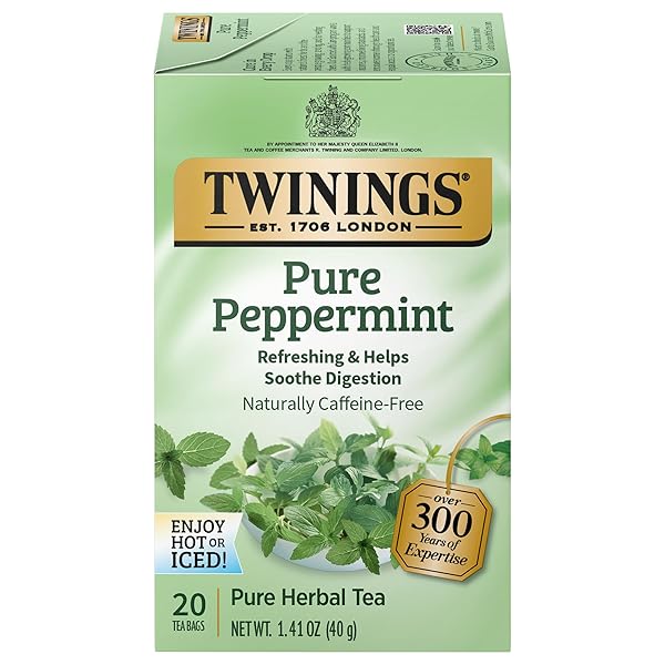 TWININGS PURE PEPPERMINT HERBAL TEA INDIVIDUALLY WRAPPED BAGS, 20 COUNT (PACK OF 1), FRESH MINTY FLAVOUR, NATURALLY CAFFEINE-FREE, ENJOY HOT OR ICED | PACKAGING MAY VARY