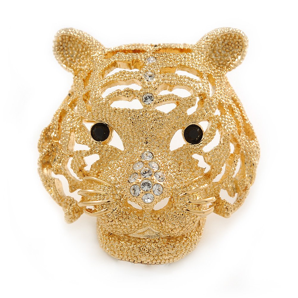 Statement Gold Plated, Crystal, Textured Tiger Head Brooch - 40mm L