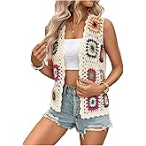 Verdusa Women's Boho Floral Open Front Crochet Sweater Vest Vacation Hollow Out Lightweight Cardigans