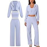ABOCIW Womens 3 Piece Outfits Brushed Jersey Long Sleeve Hooded Cropped Shrug Bandeau Top Wide Leg Sweatpants Tracksuit