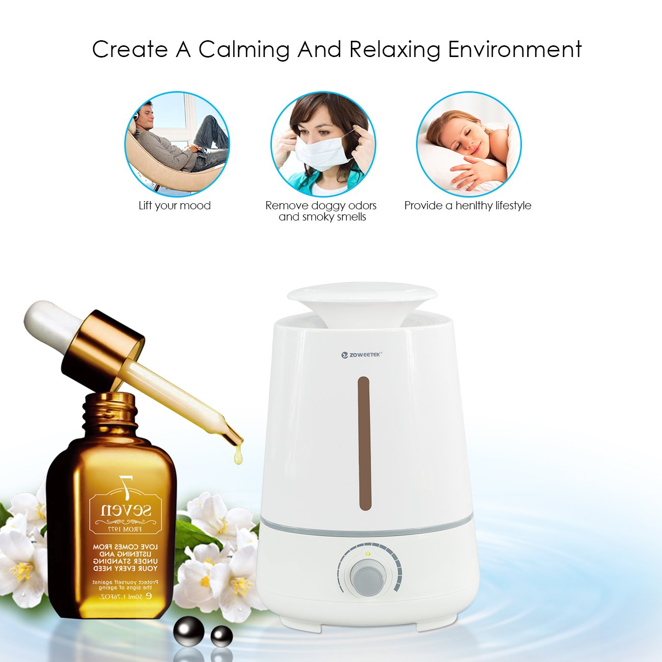 Zoweetek® Humidificador de Aromaterapia / Ultrasónico Cool Mist , Nivel Constante de Humedad, Control de Vapor, Temporizador Sin Ruido 3.5L