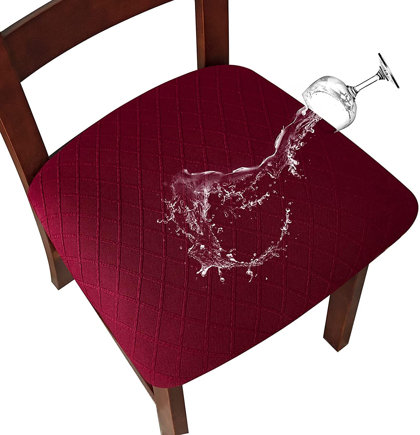 SHENGYIJING Stretch Diamond lattice Chair Seat Covers, Waterproof Chair Cushion Slipcovers with Buckle, Seat Pad Protectors for Dining Room, Kitchen(Wine Red,6)