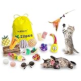 oolilioo 22 PCS Cat Toys, Kitten Interactive Toys Assortments Including Feather Wand, Cat Cool Glasses, Bell Balls, Fluffy Mi