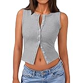 Trendy Queen Womens Going Out Tank Top Ribbed Button Down Sleeveless Vest Crop Spring Beach Vacation Summer Tops