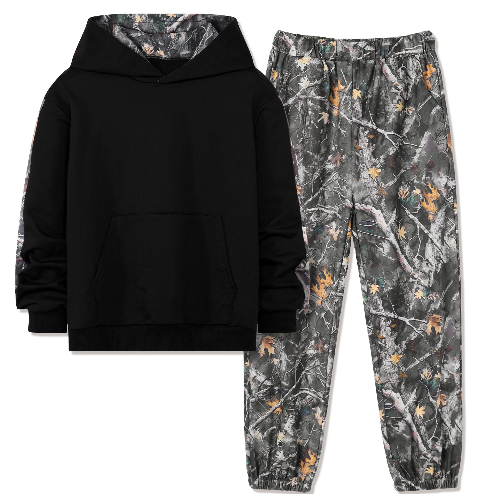 Photo 1 of FoWear Kids Clothes Boys Long Sleeve Patchwork Graphic Print Hoodie Sweatshirt Elastic Waist Leaf Print Sweatpants 2Pcs Boys Clothes Size 14