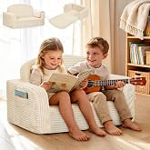 Lanabuna Extra Wide 2-in-1 Convertible Kids Couch | Large Corduroy Toddler Sofa Chair with Storage Pocket &amp; Blanket | Foldable Foam Play Couch for Boys &amp; Girls, Cream