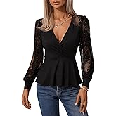SweatyRocks Women's Floral Lace Long Sleeve V Neck Wrap Top Flare Hem Peplum Blouse