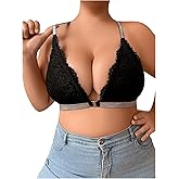 OYOANGLE Women's Plus Size Floral Lace Front Closure Bras Rhinestone Backless Wireless Padded Bralettes