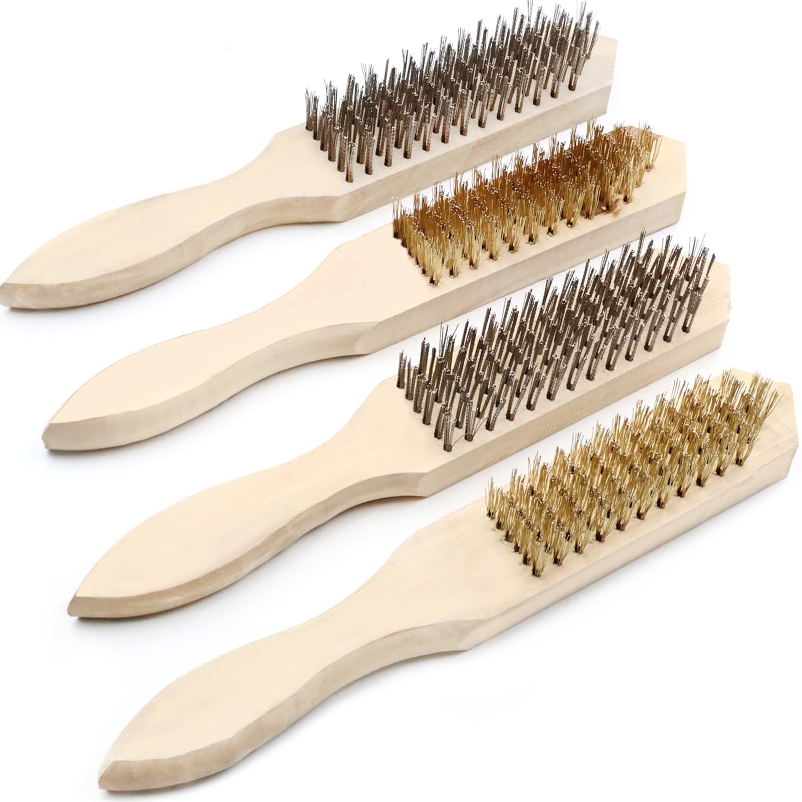CONNECTION Wire Brush Set of 4 Wooden Handle Wire Brush Copper Wire Brush 13/15 Row Metal Brush Steel Wire Hand Brush For Cleaning,Polishing,De-rusting,Removes Lint(Wood Colour)