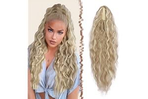 FESHFEN Claw Clip Ponytail Extensions, Long Pony Tail Hair Piece Wavy Curly Synthetic Hairpieces for Women, Dirty Blonde 26 i