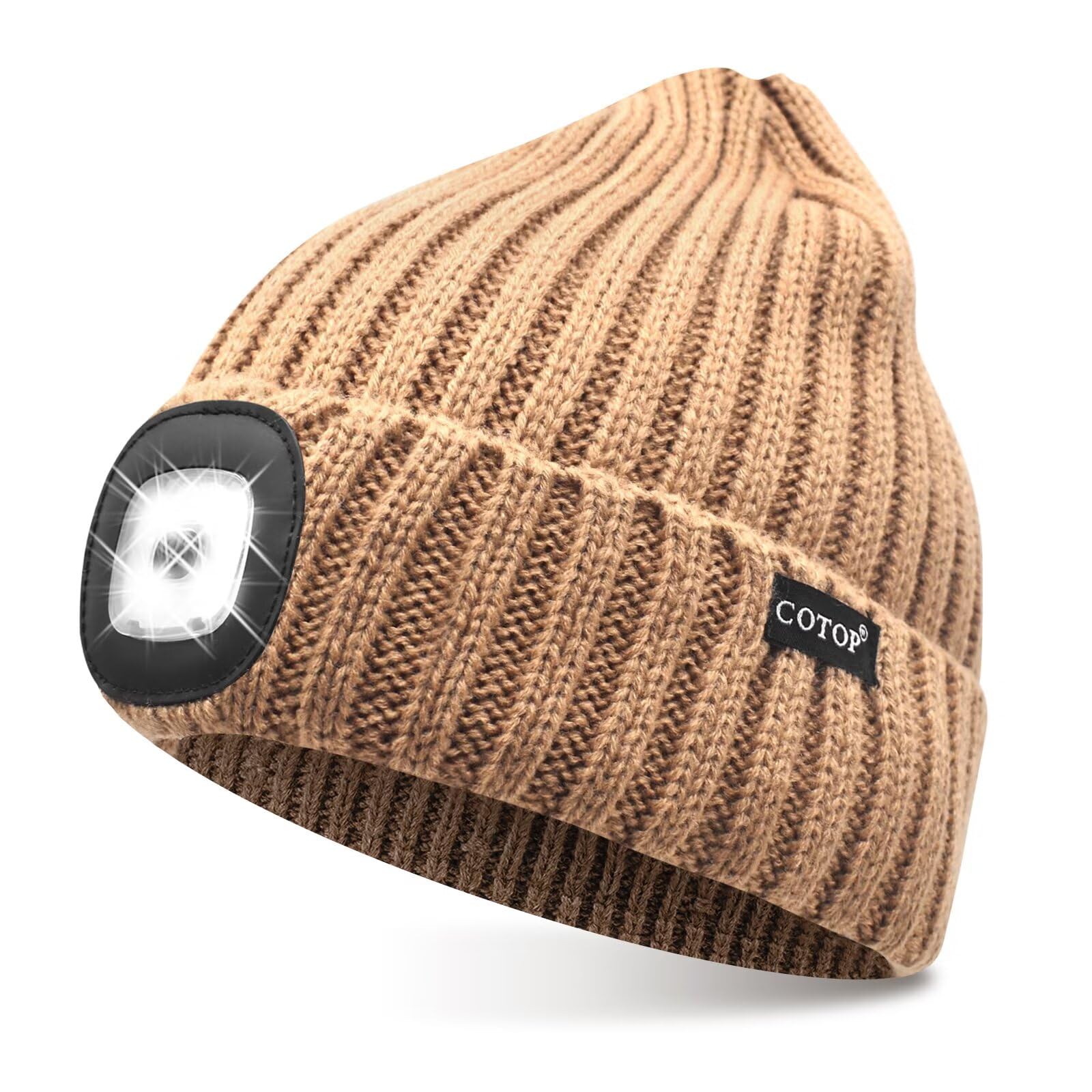 COTOP LED Beanie with Light,USB Rechargeable Hat Hands Free 4 LED Headlamp Cap Winter Knitted Night Lighted Hat Flashlight Women Men Gifts for Dad Him Husband Brown