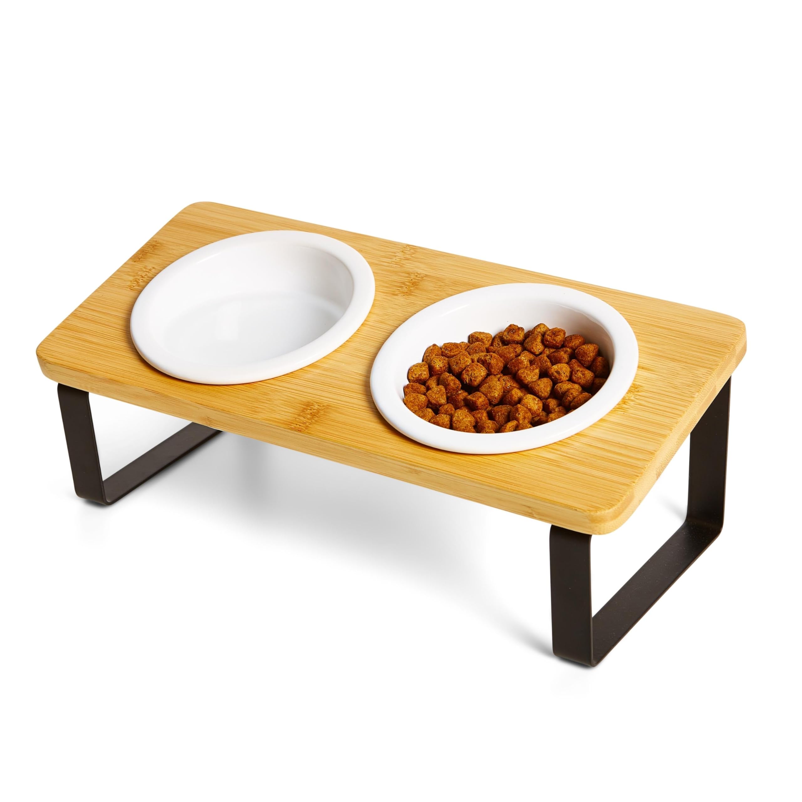 PETLINUS Elevated ceramic cat bowls, Ergonomic cat bowls with stand tilted - Dog bowls for small dogs, puppies and cats - Small Dog Water bowl or Cat Water bowl - Ceramic and wood (Bamboo) โ image 1