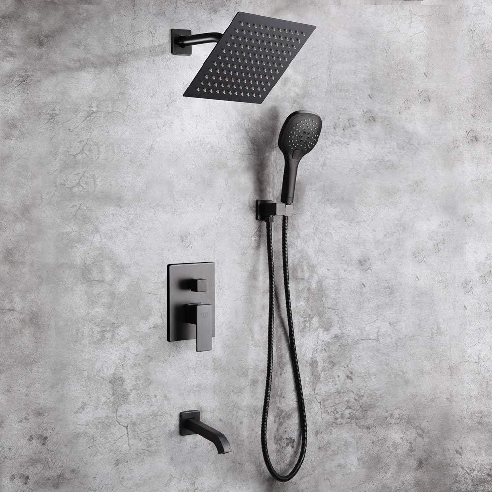 POP Bathtub Shower Faucet Set Matte Black Shower System with Tub Spout 8 Inch Wall Mounted Bathroom Rainfall Shower Head Set with Handheld Shower Combo Set (Contain Rough-in Valve Body and Trim) - - 