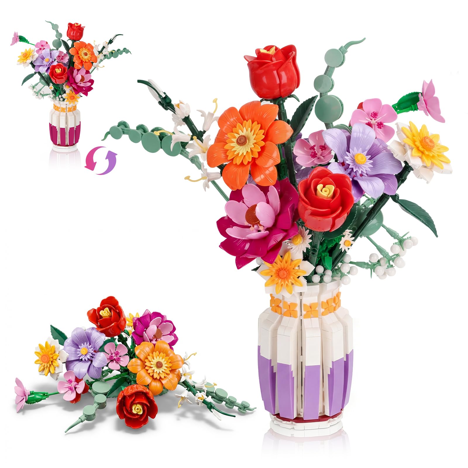 Flower Bouquet Building Set 1278PCS Flower Building Set with Vase Botanical Collection Building Block Set for Adults Artificial Flowers Botanical Collection Home Decor Gift for Women, Girls,Teens