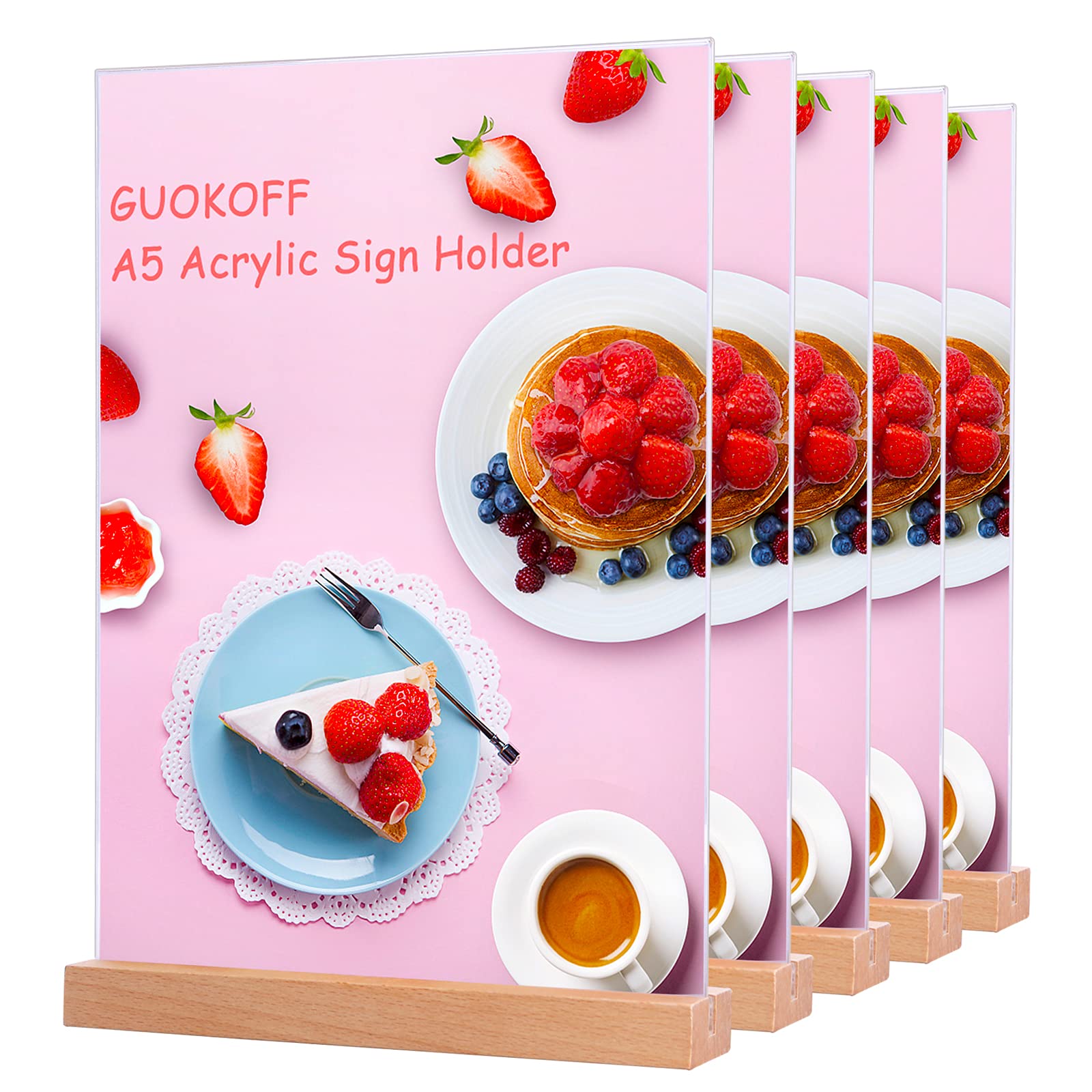 GUOKOFF A5 Acrylic Sign Holder, 5 Pack Table Menu Holders, T- Shape A5 Table Stands, Vertical Poster Holder, Display Stands with Wooden Base for Restaurant Hotel Bar