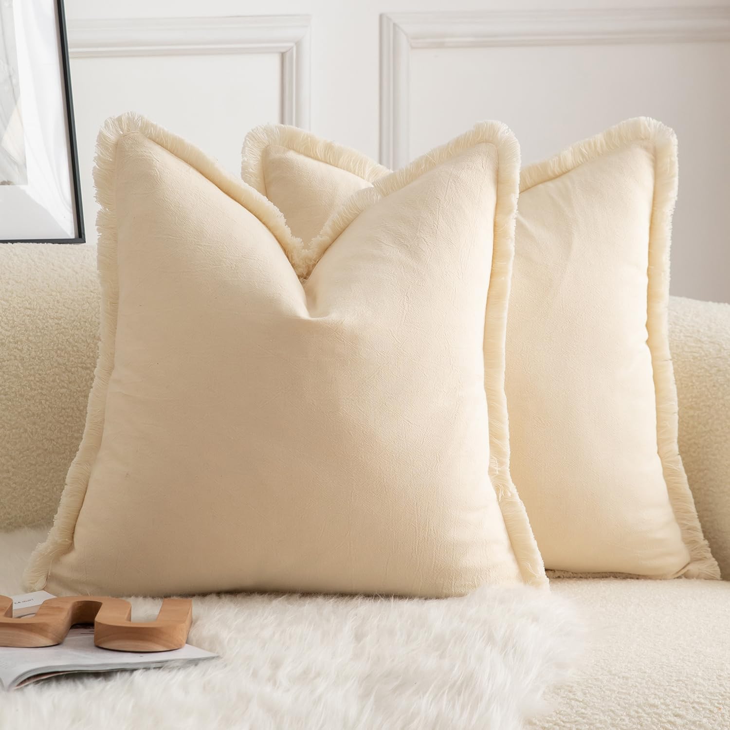 Mandioo Set of 2 Neutral Cotton Fringe Cushion Covers 55x55 cm 22x22 inch Decorative Boho Farmhouse Throw Pillowcase Cozy Tassels for Couch Sofa Bedroom Living Room Home Decor Beige