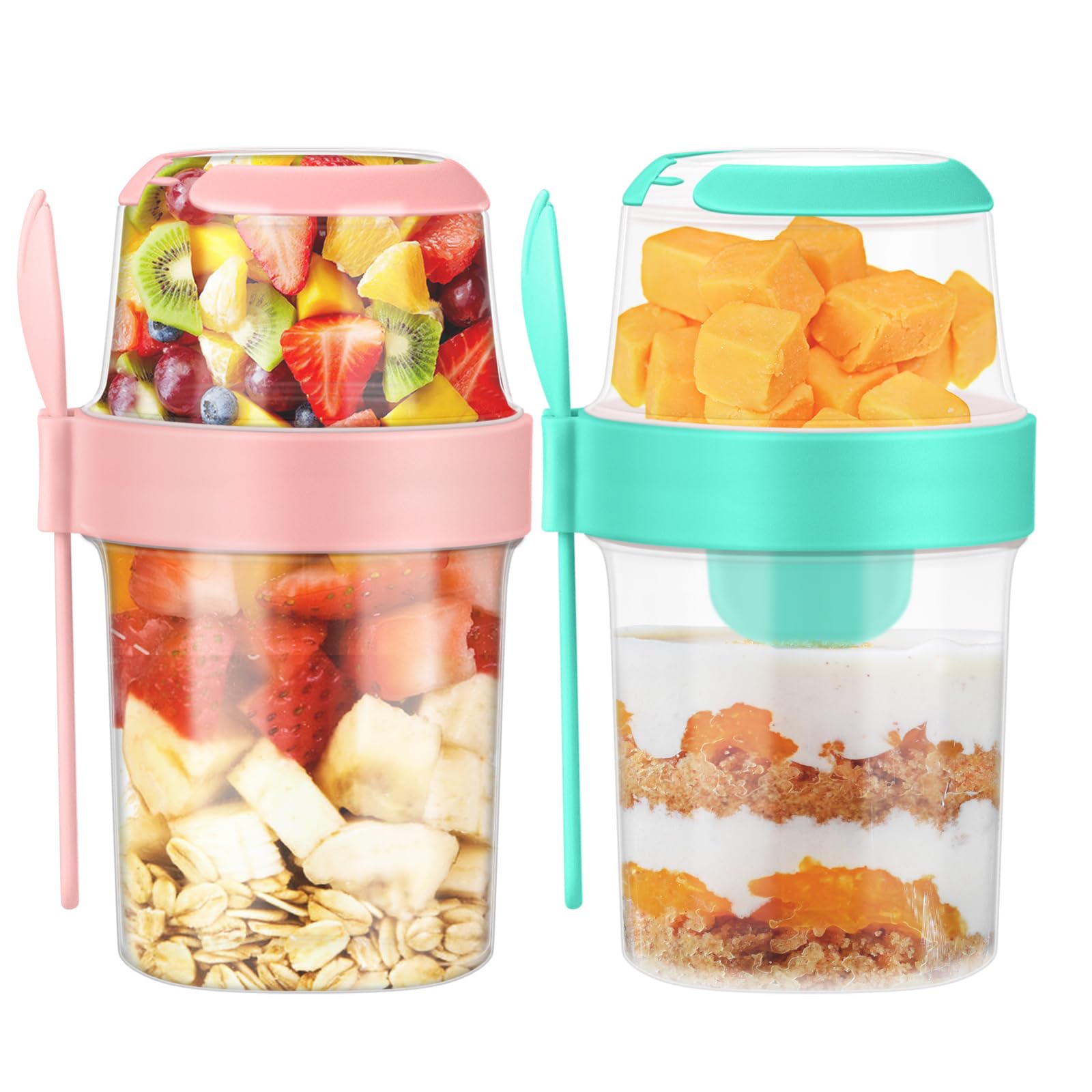 2Pcs Overnight Oats Jar Container - 870ML Yogurt Pots Breakfast Pots Reusable Salad Cups with Lid Spoon Breakfast Jar Muesli Cup for Salads Fruit Cereal Milk Porridge