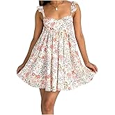Women Summer Mini Dress Bow Print Ruffle Strap Mini Dress Cute Square Neck Loose A-Line Beach Babydoll Sundress