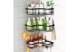 TOPCHASE Corner Shower Caddy, Shower Organizer with Soap Holder, 14 Hooks, Adhesive Shower Shelf for Inside Shower, 3 Pack Bl