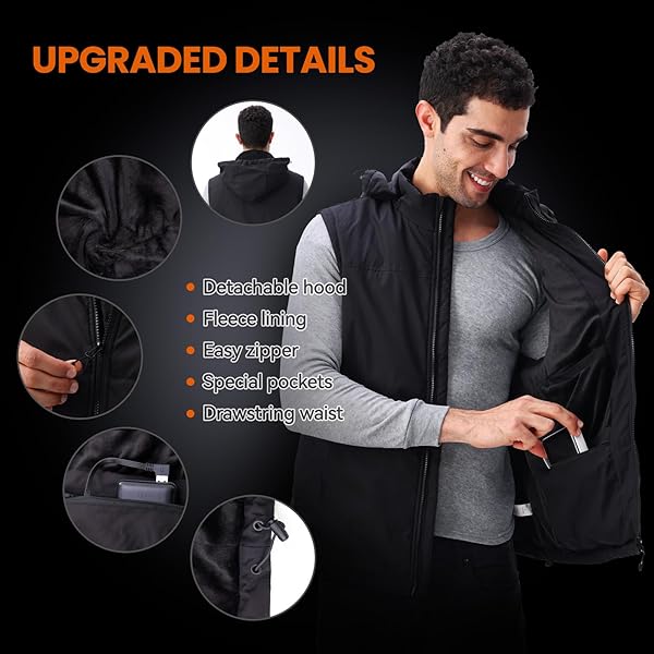 JURMICKEY HEATED VEST FOR MEN WOMEN, 2024 UPGRADED MENS HEATED VESTS/JACKETS WITH DETACHABLE HOODIE, 3 HEATING LEVELS 9 HEATING ZONES, BATTERY PACK NOT INCLUDED