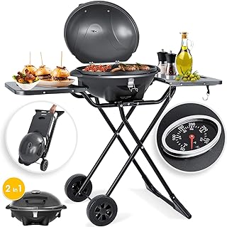 KESSER® elektrischer Elektrogrill 2in1 Tischgrill - Standgrill mit Deckel und Standfuß | max. 2400 Watt | Faltbar | Thermometer | Antihaftbeschichtung | Grillplatte Abstelltische | 2 Räder | Schwarz