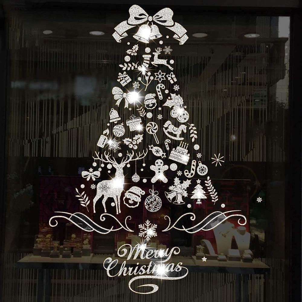 Christmas Window Stickers,4 Sheets Reusable Silver Xmas Window Stickers, Christmas Tree Clings for Christmas Party Window Decoration