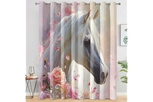 White Horse Curtains Blackout for Living Room Bedroom, Dreamy Pink Floral Curtains 54 Inch Length 2 Panels Set, Thermal Insul