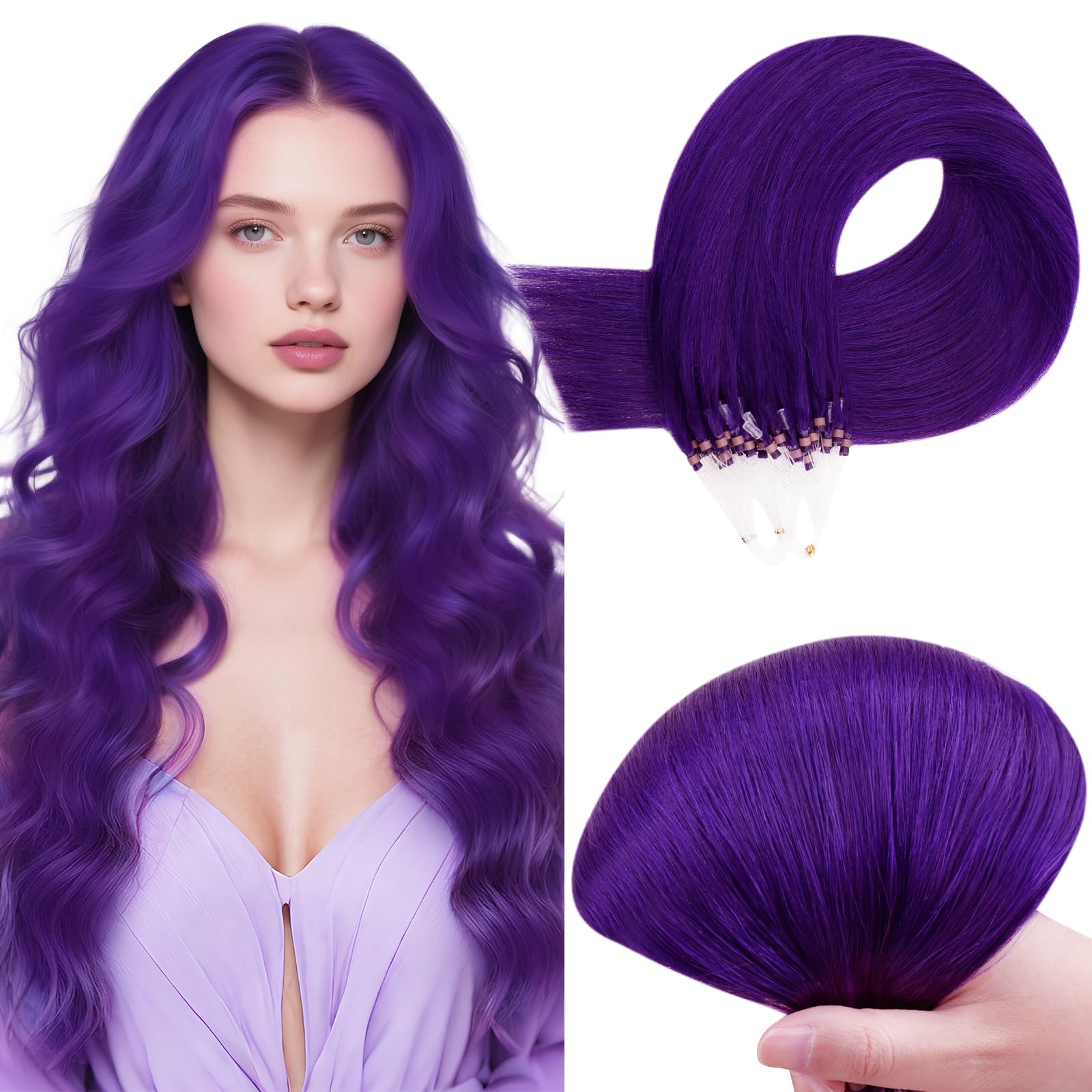 RUNATURE Real Micro Beads Human Hair Extensions Purple Natural Microlink Hair Extensions Human Hair Long Colored Micro Loop Remy Hair Extensions Straight 18 Inch 25g 25 Strands — image 1