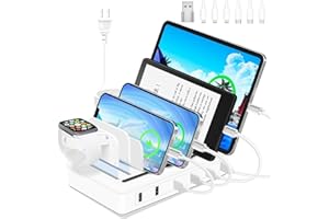 MERGROLY Fast Charging Station for Multiple Devices, 50W 6-Ports USB Charging Station with10-Slot, Sturdy Dividers, Watch Hol