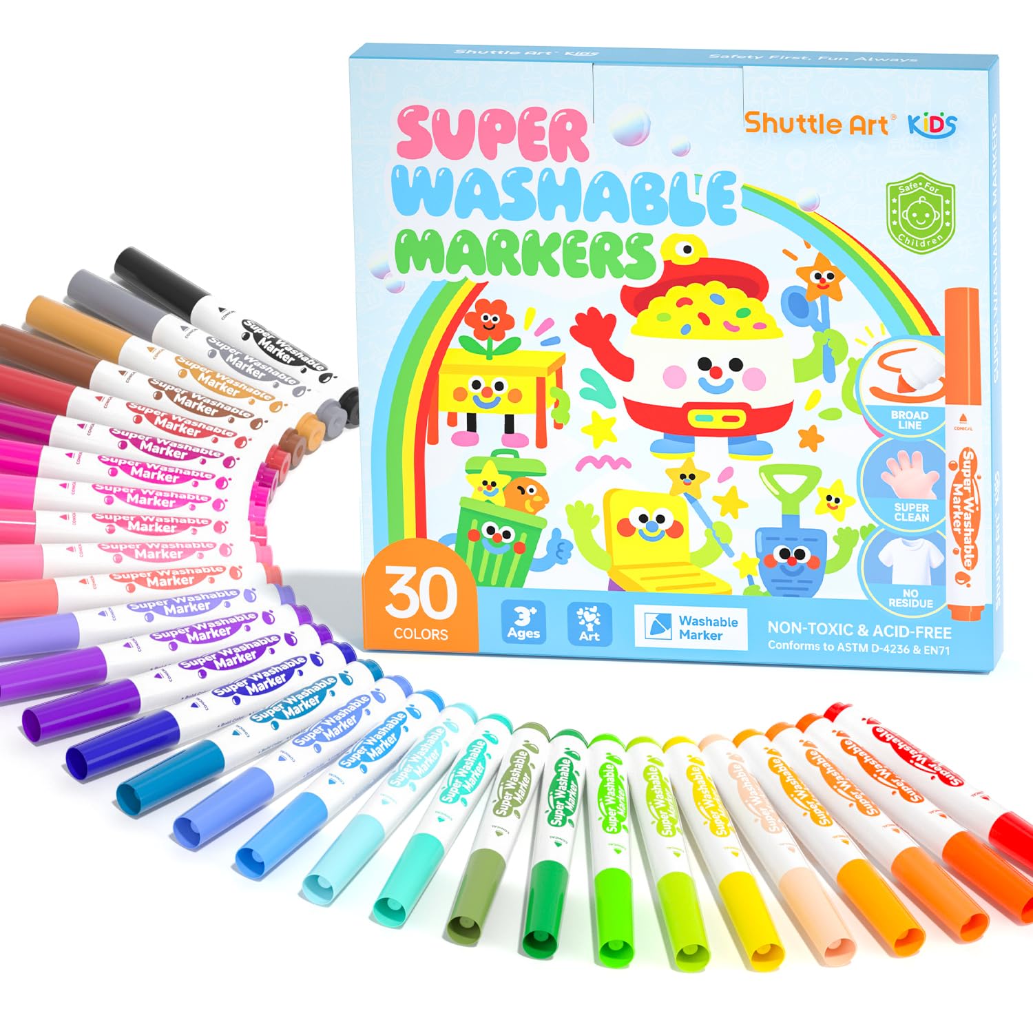 Shuttle Art Super Washable Markers, 30 Colors Broad Line Conical Tip Markers for Kids, Ultra Clean Coloring Book Marker Set, Home Classroom School Supplies for Toddlers Kids Adults Students Teachers