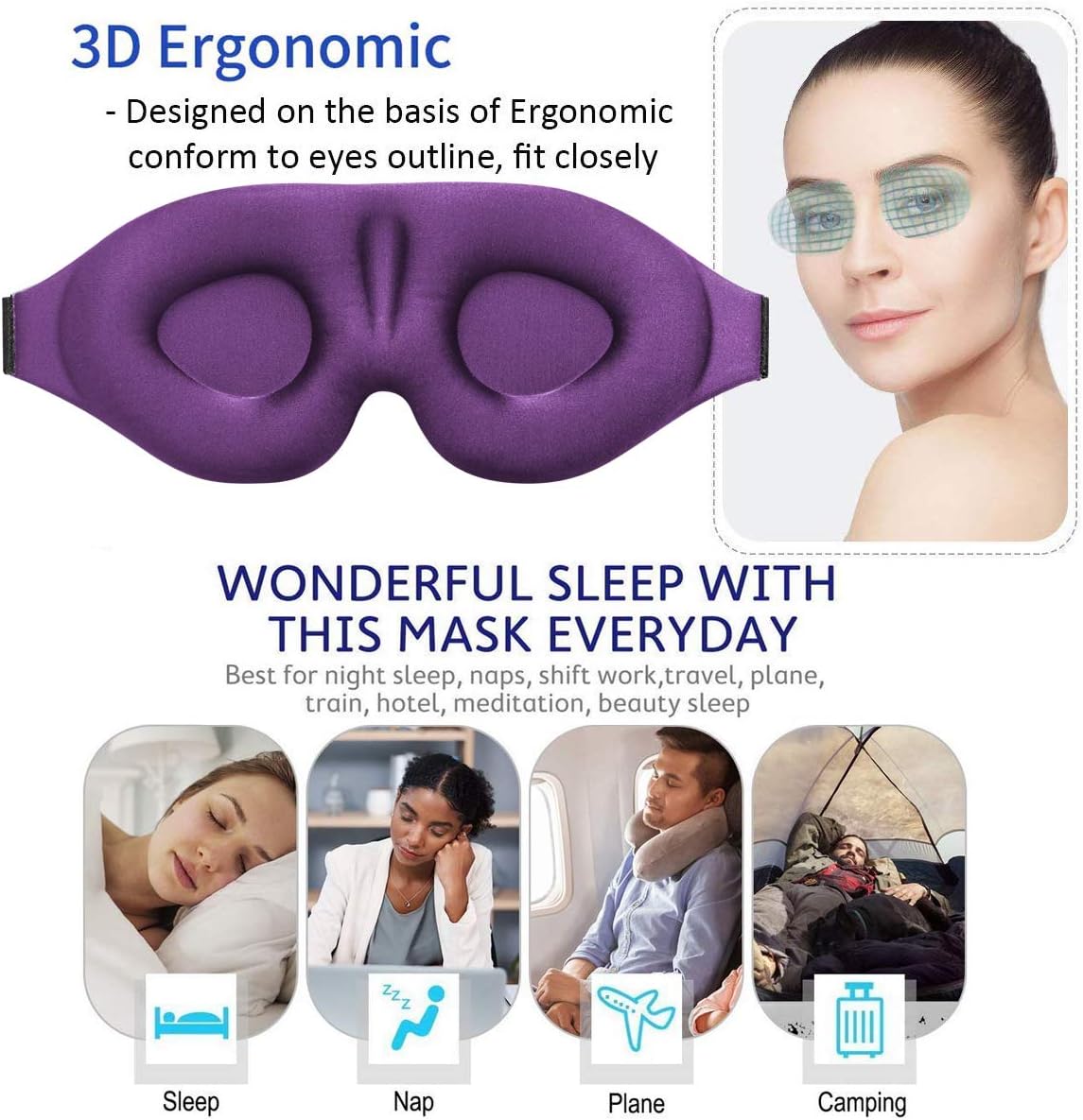 3D Sleep Mask, New Arrival Sleeping Eye Mask for Women Men, Contoured Cup Night Blindfold, Luxury Light Blocking Eye Cover, Molded Eye Shade with Adjustable Strap for Travel, Nap, Meditation, Purple: Health & Personal Care