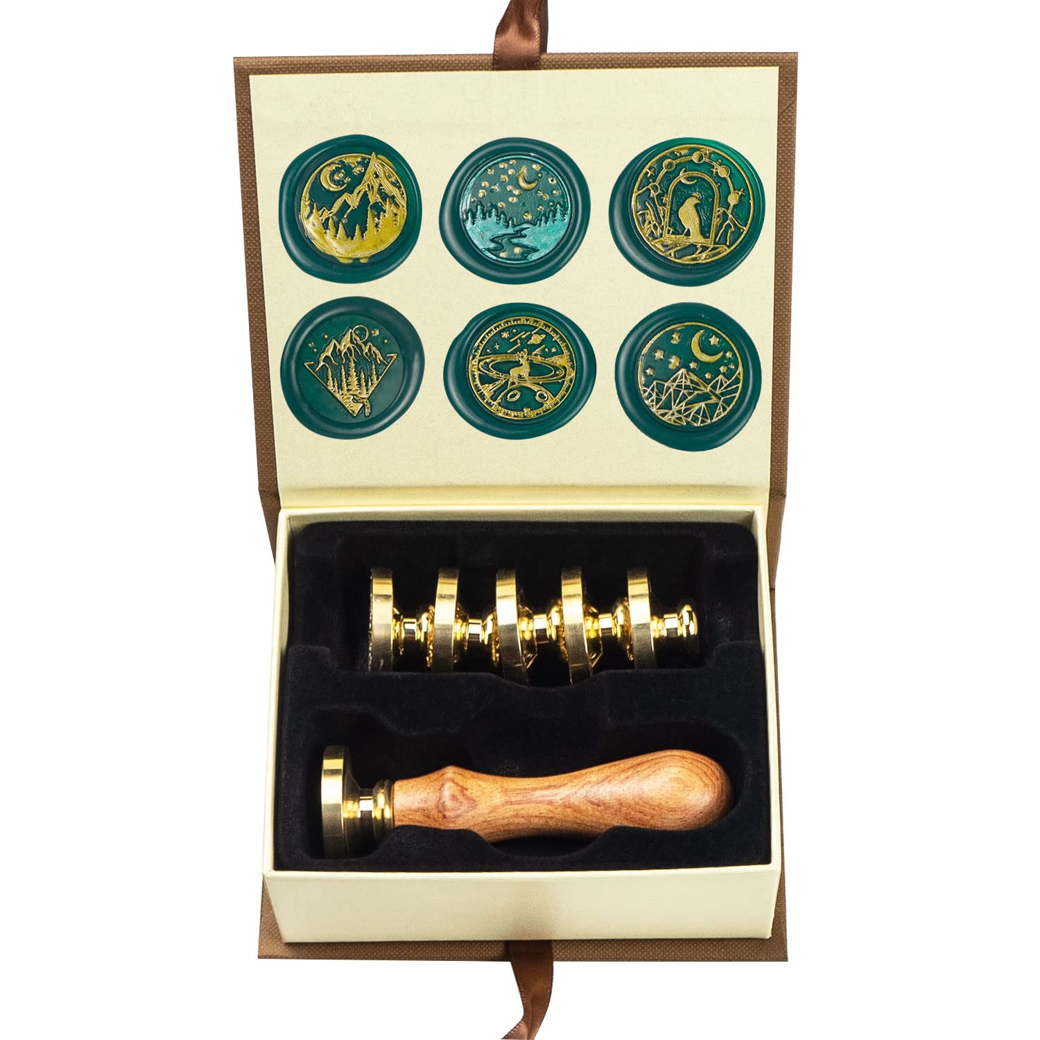 ANBOSE Wax Seal Stamp kit, Moon Wax Seal Stamp Set with 6 PCS Removable Brass Heads and 1 Wooden Handle, Starry Crow Deer Moon Sealing Wax Stamp for Cards Invitations