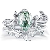 Natural Moss Agate Ring Set 925 Sterling Silver and Pear Birthstone Ring Set Leaf Birthday Engagement Wedding Promise Ring for Her Birthday Christmas Jewelry Gift for Women