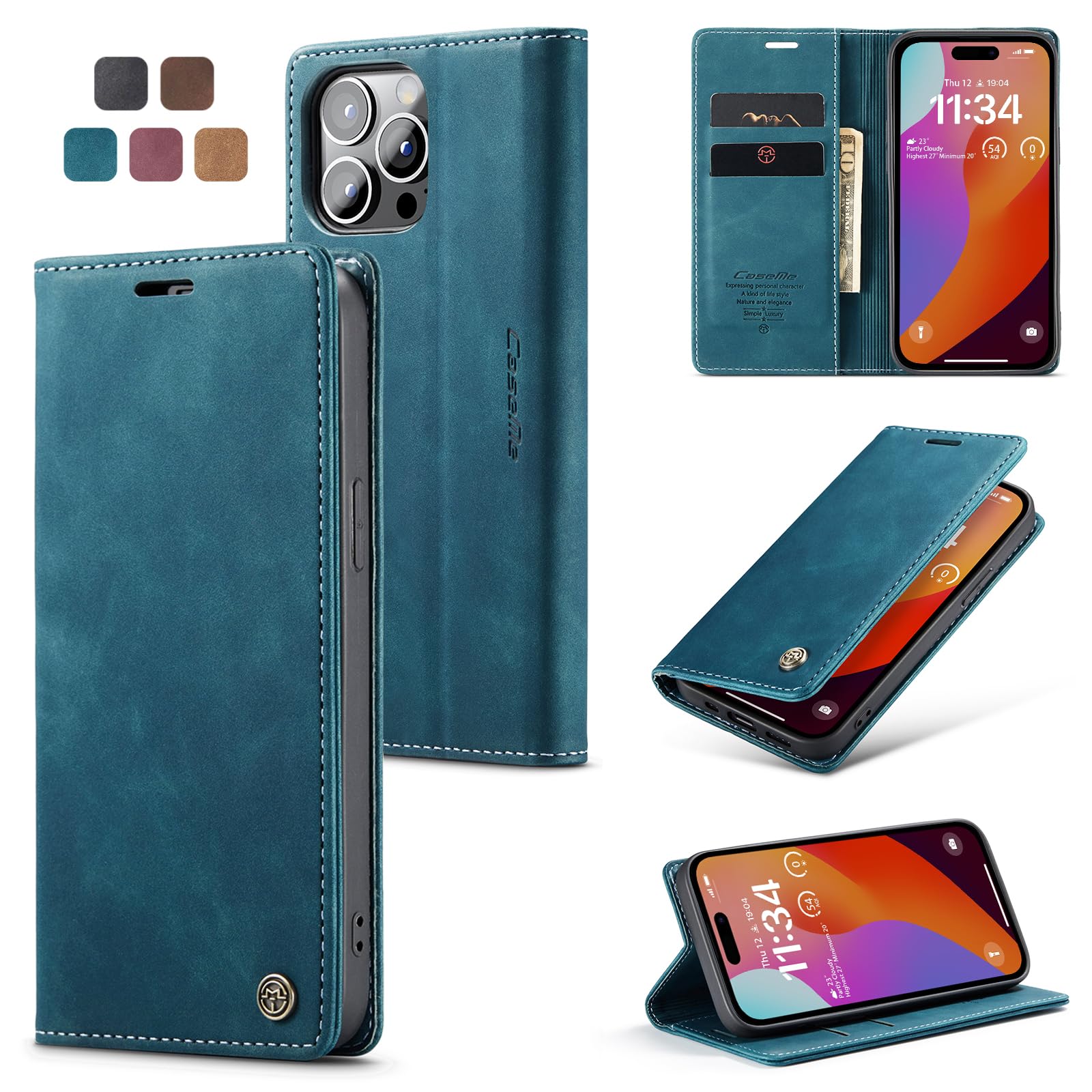 Cracedily for iPhone 15 Pro Max Case, Wallet Case Flip Leather with Card Holder Magnetic Closure Shockproof Kickstand Protective Phone Cases Cover for iPhone 15 Pro Max, Blue-Green